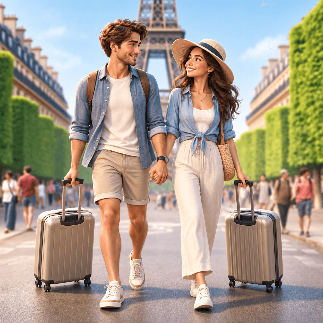 Human travellers with luggage near the Eiffel Tower