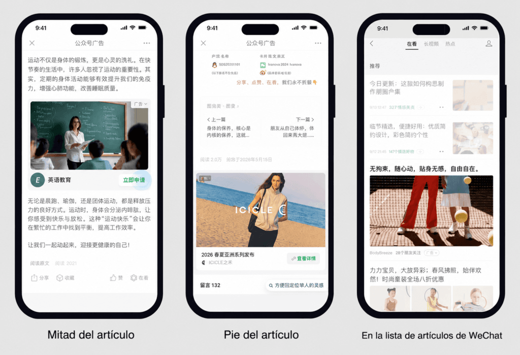 App mockup featuring Chinese content and Spanish captions