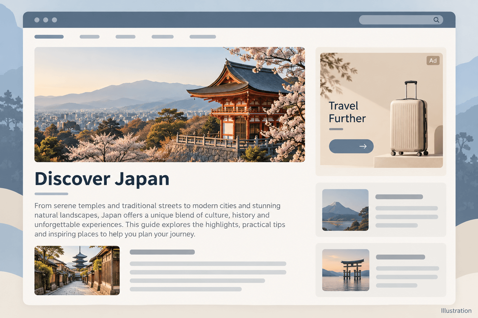 Illustrative travel article layout with a separate ad card