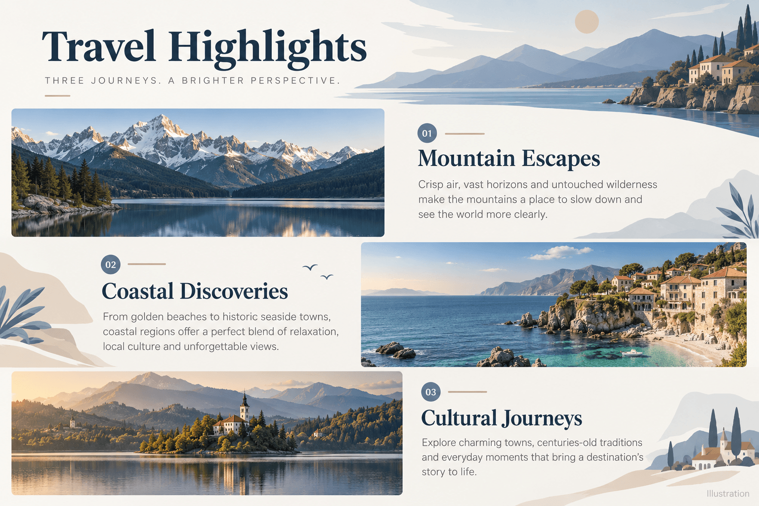 Illustrative travel article layout combining scenic images and text