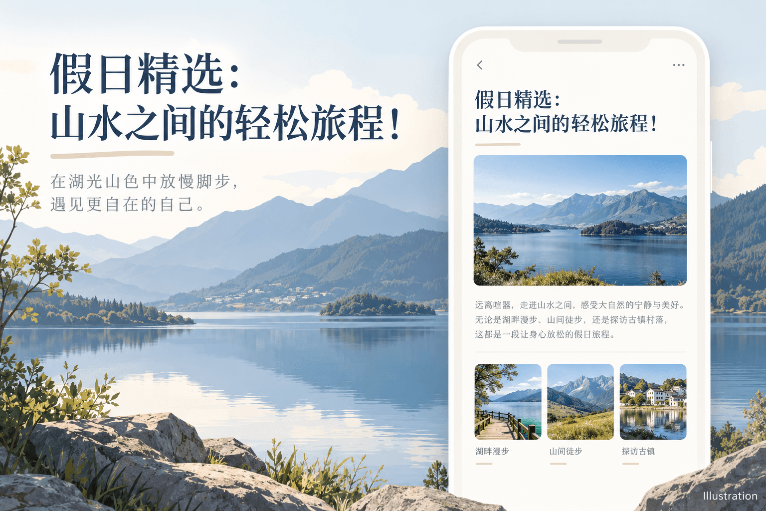 Illustrative Chinese travel headline about a relaxing holiday
