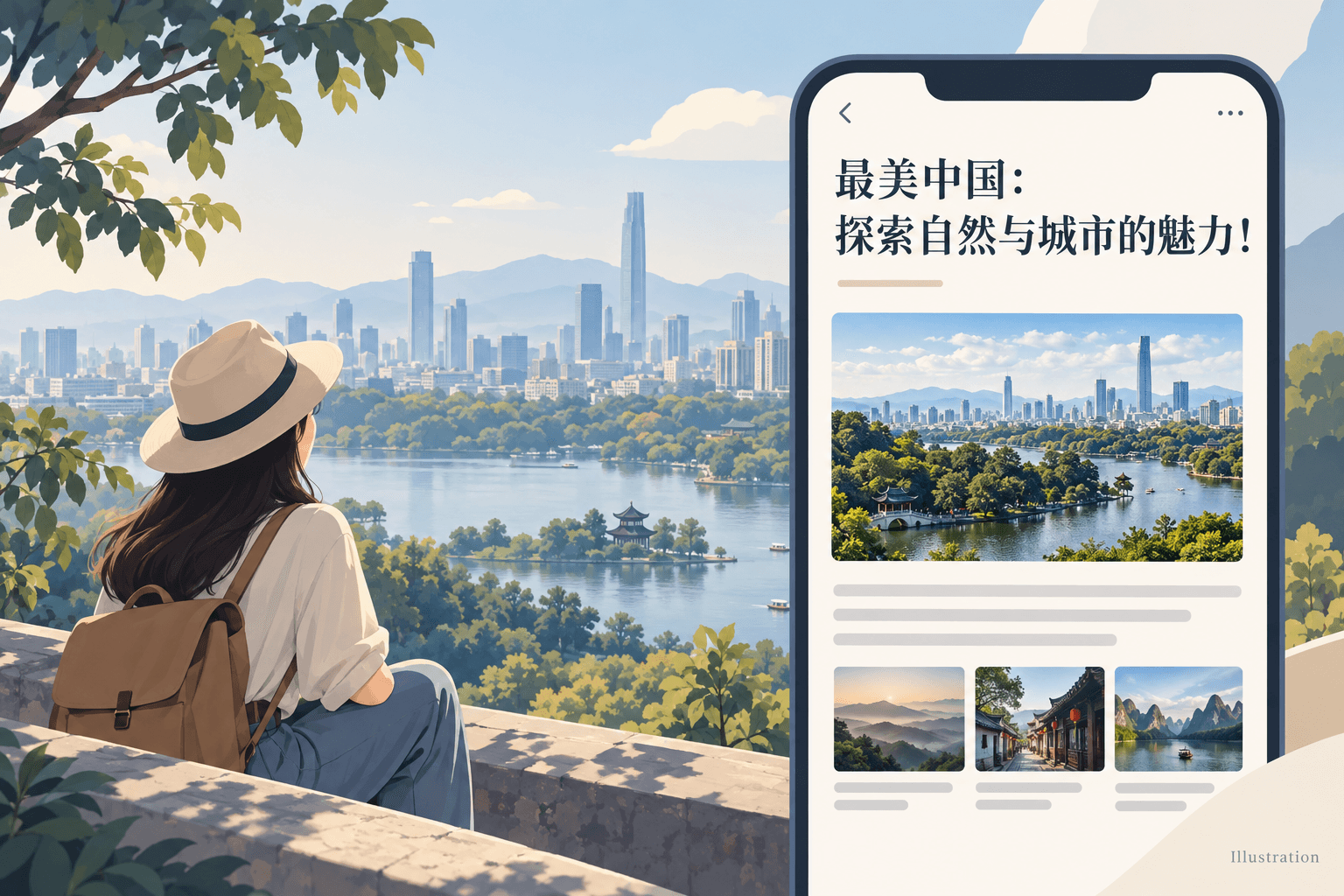 Illustrative Chinese travel headline about nature and cities