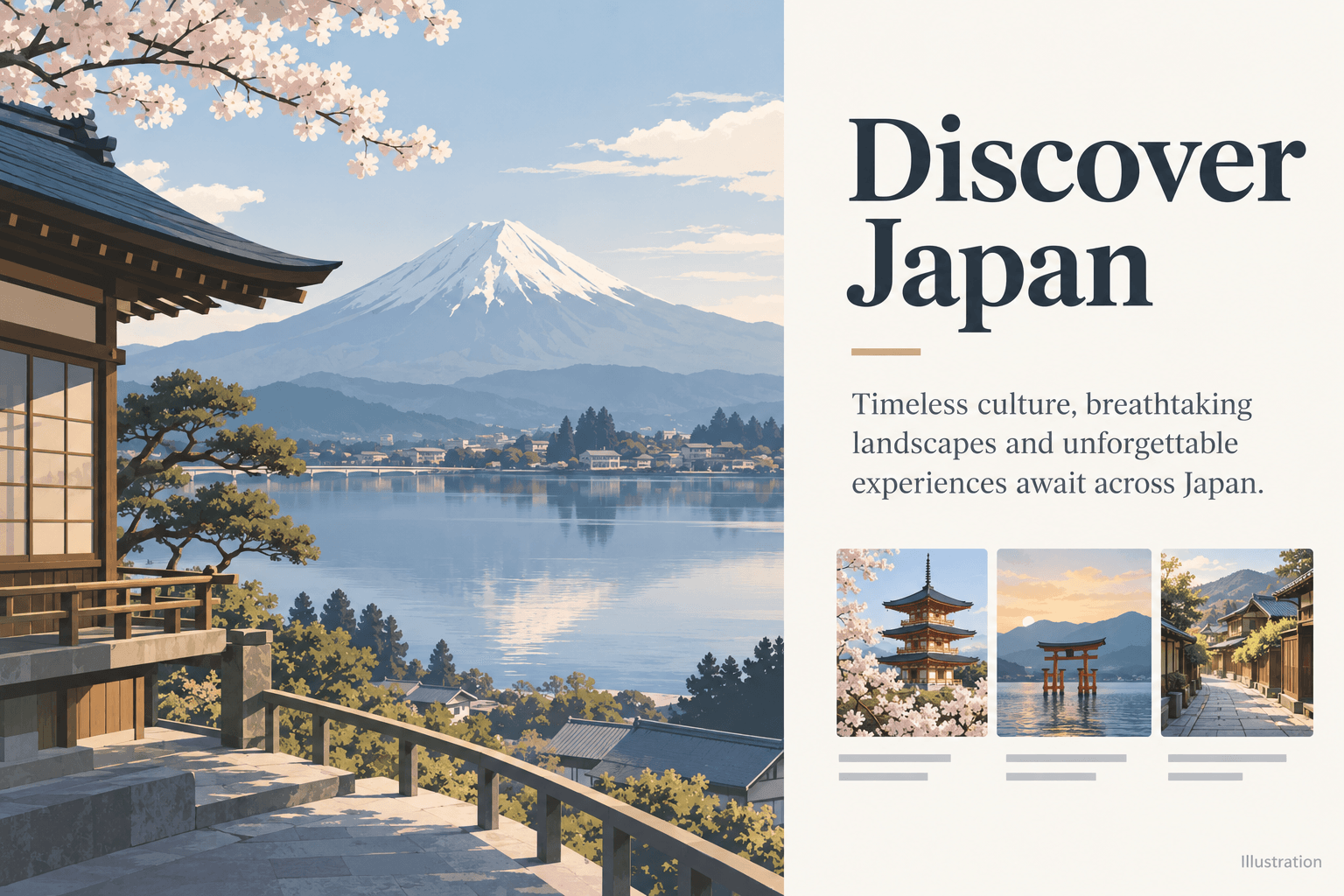 Illustrative English travel headline: Discover Japan