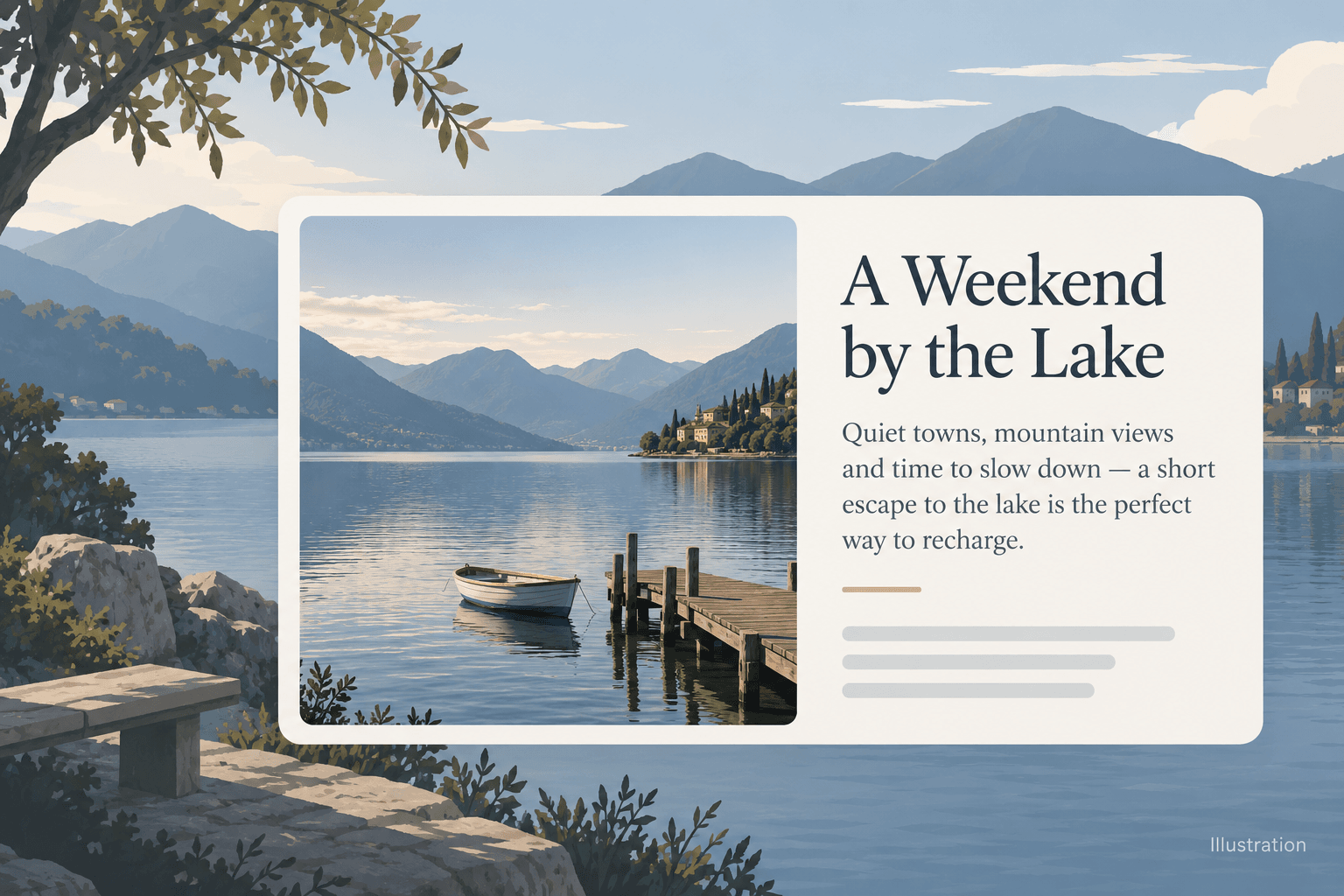 Illustrative English travel headline: A Weekend by the Lake