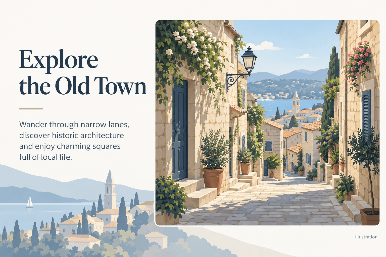 Illustrative English travel headline: Explore the Old Town