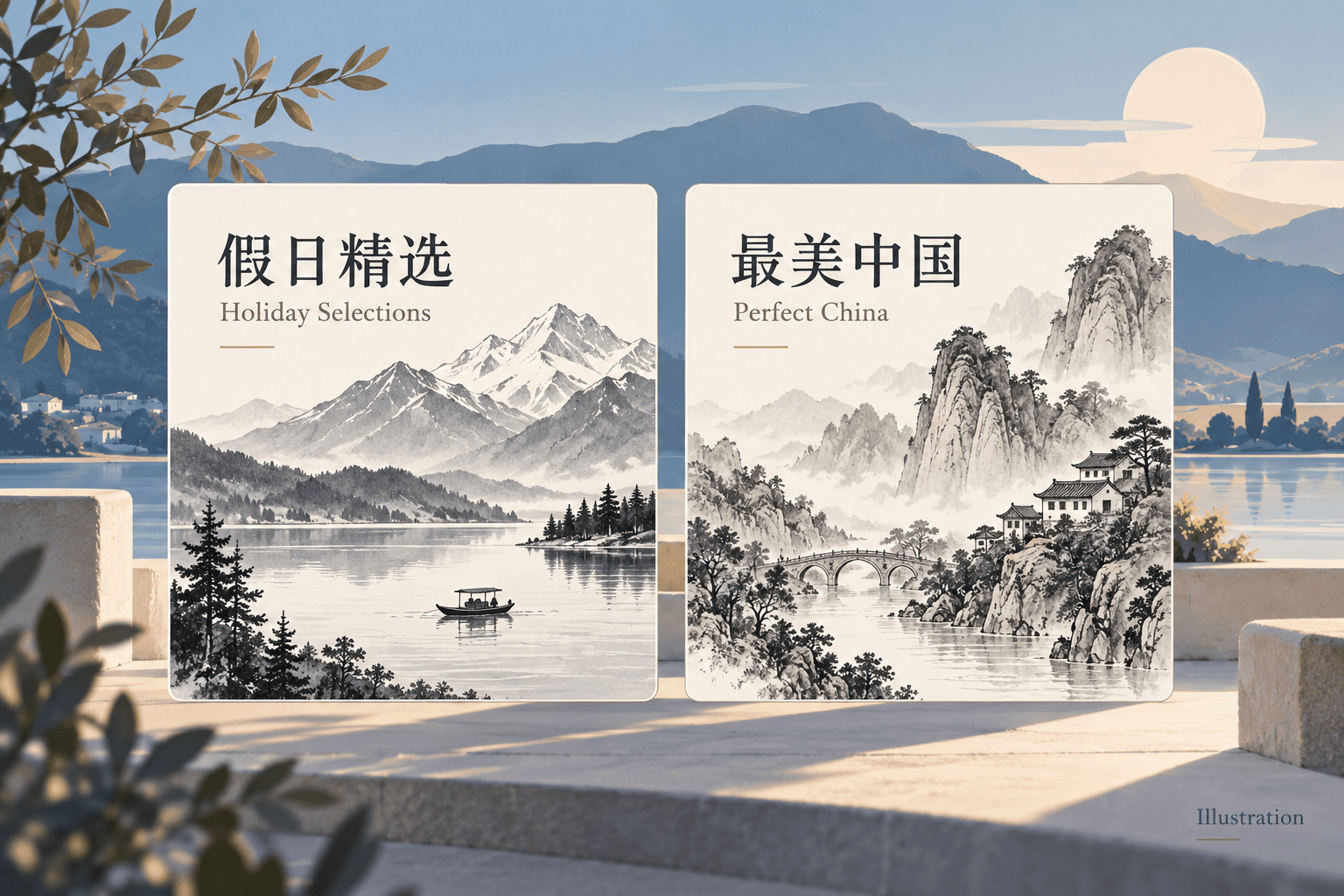 Illustrative holiday and China travel category drawings