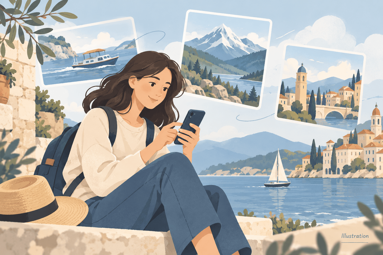 Illustration of a young adult reading travel content