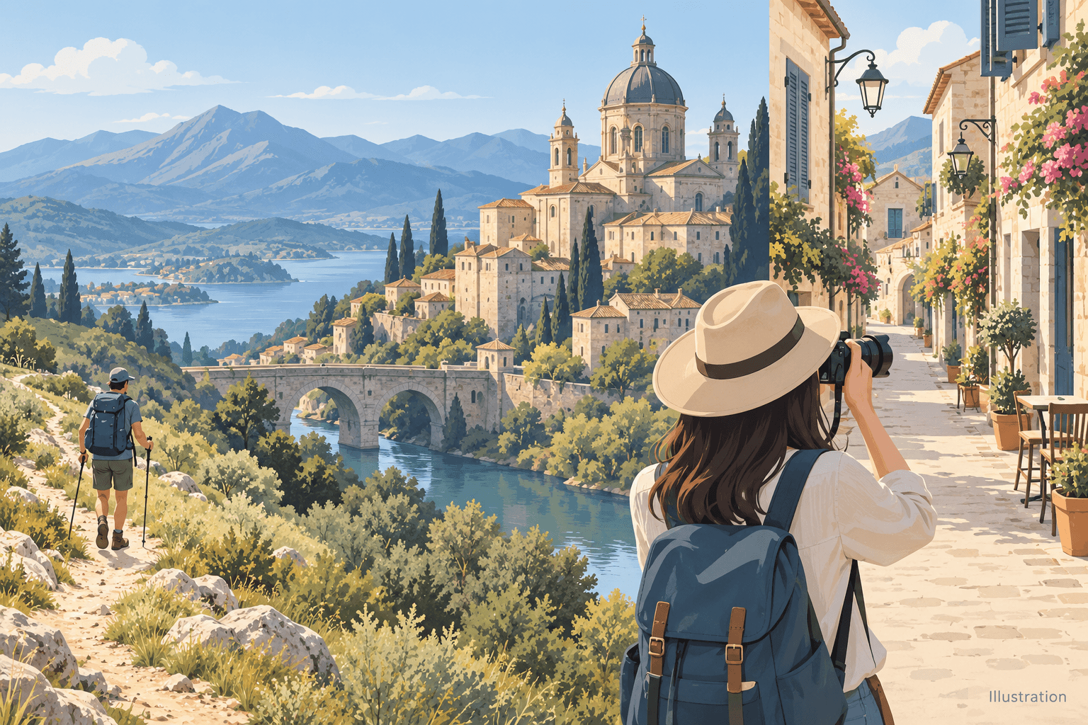 Illustration of historic sites, hiking and city travel