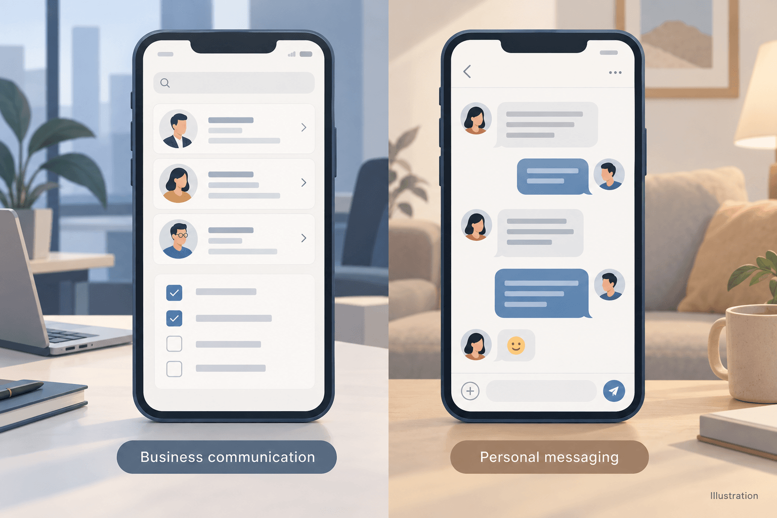 Illustration comparing business customer communication with personal messaging