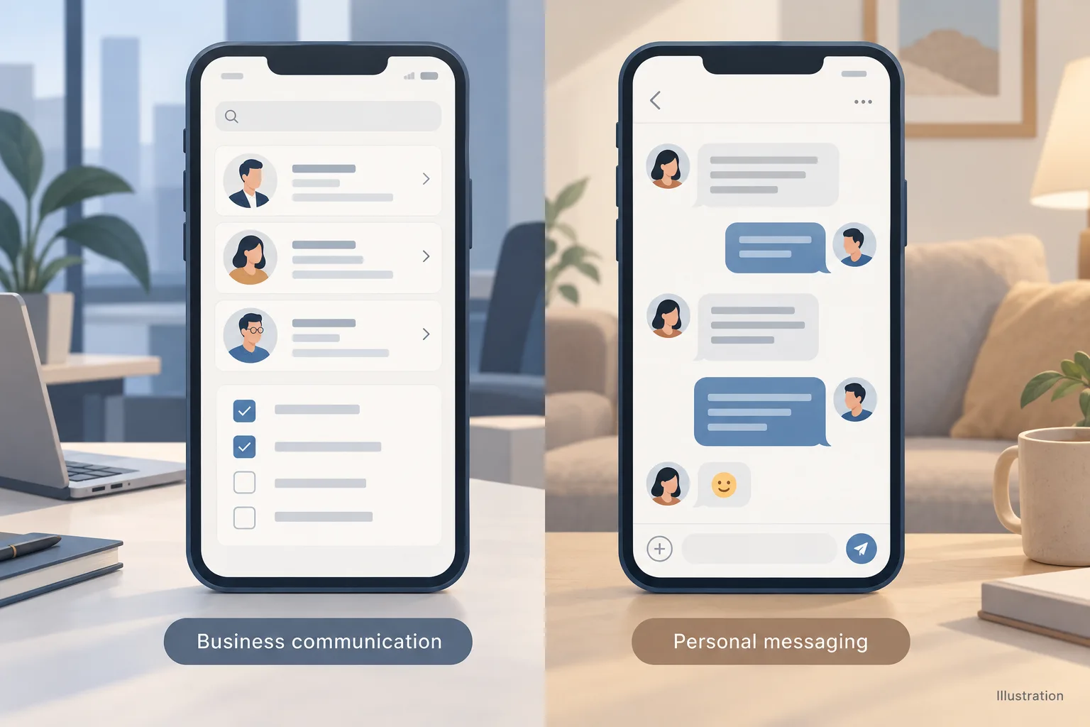 Illustration comparing business customer communication with personal messaging