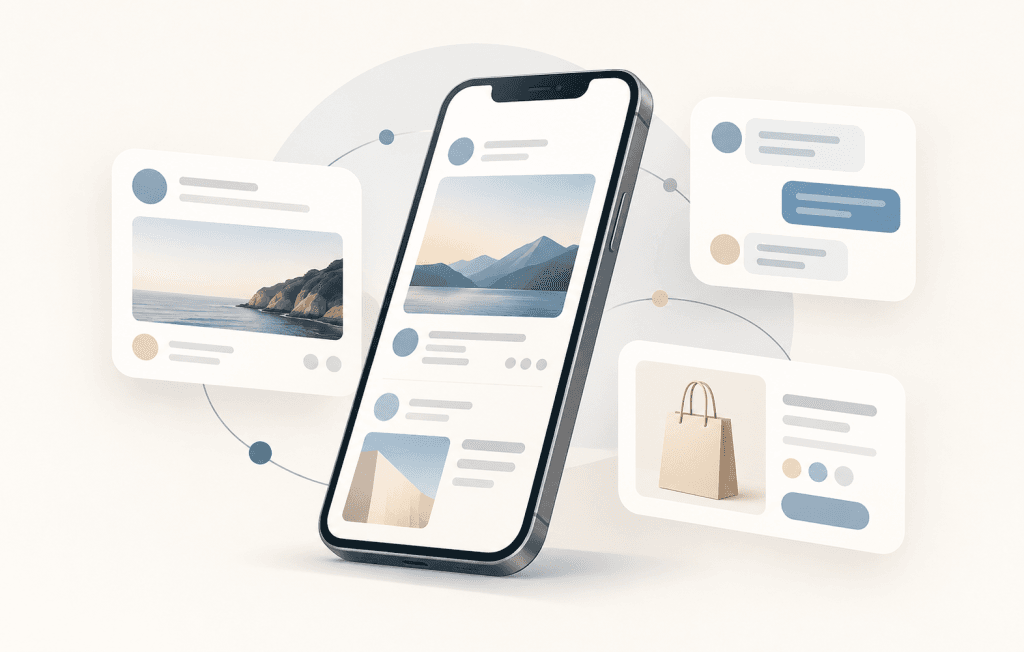 Neutral illustration of mobile messaging, digital services and shopping