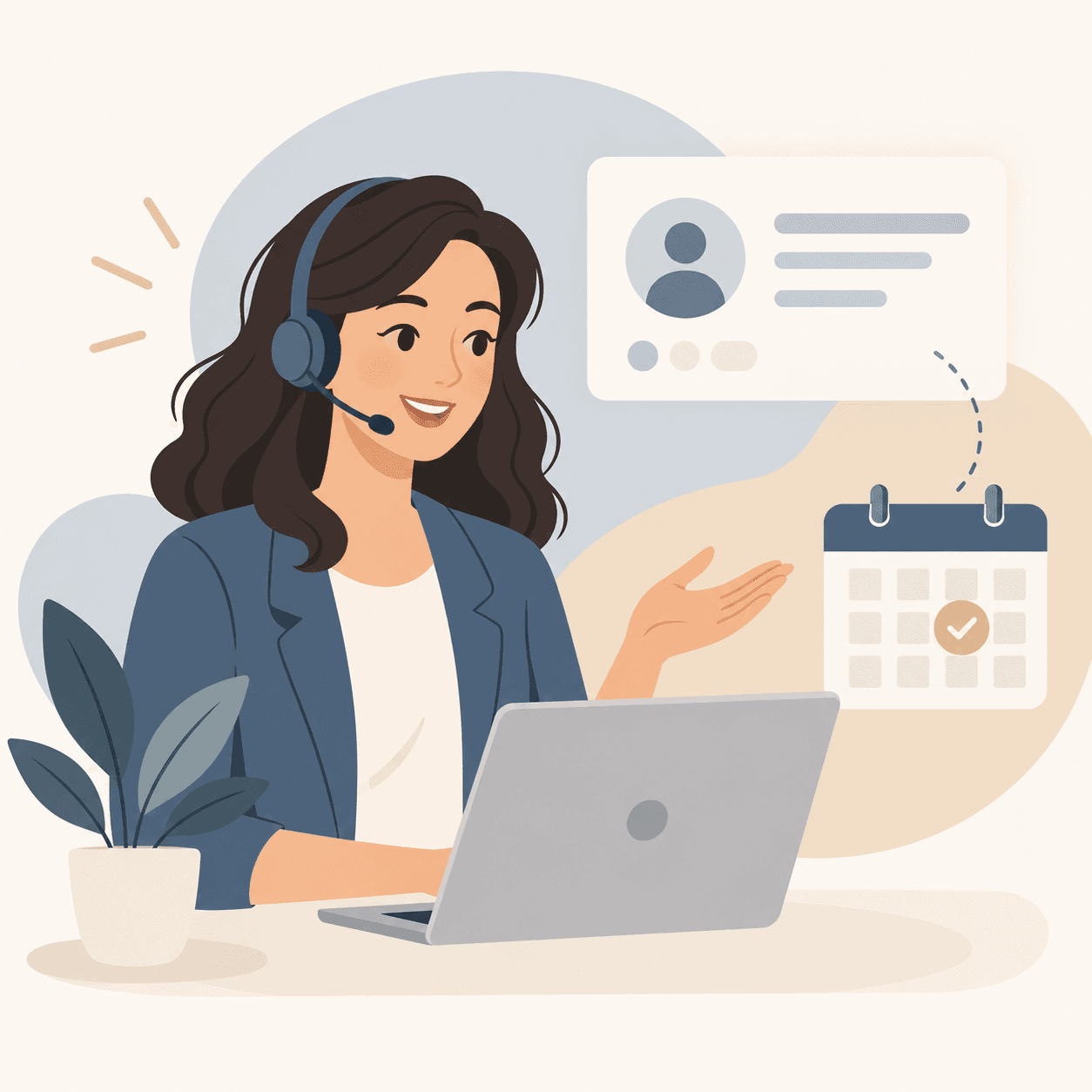 Marketing consultation with a headset adviser, contact card and calendar