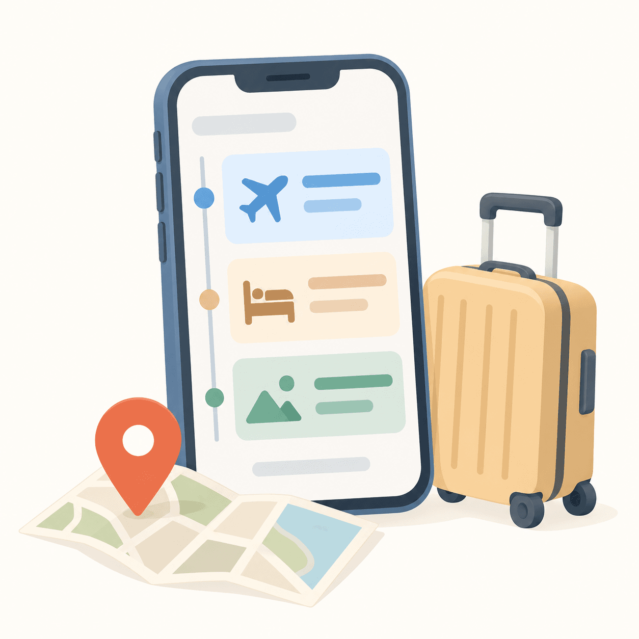 Travel itinerary on a smartphone beside a suitcase and map