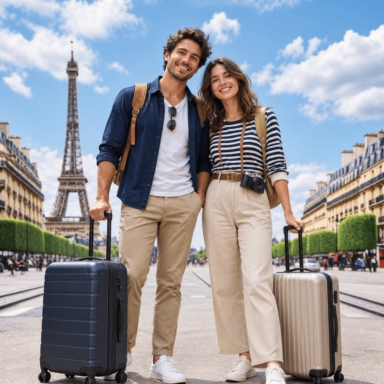 Human travellers with suitcases in Paris